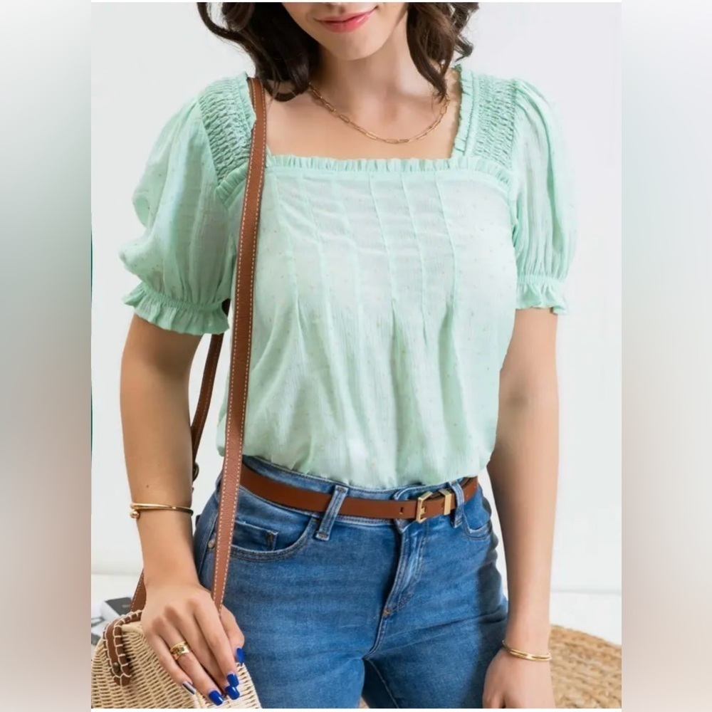 NWT Perch Blu Pepper 2XL Puff Sleeve Baby Doll Top Back Tie Light Green